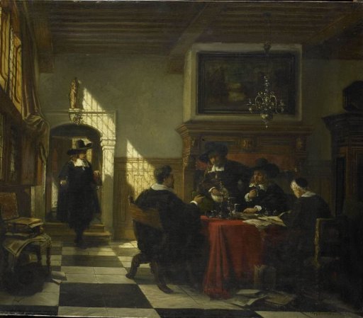 Company in 17th-century dress at a table with a nautilus cup