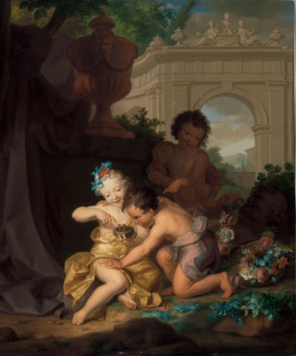 Three children playing with a bird's nest