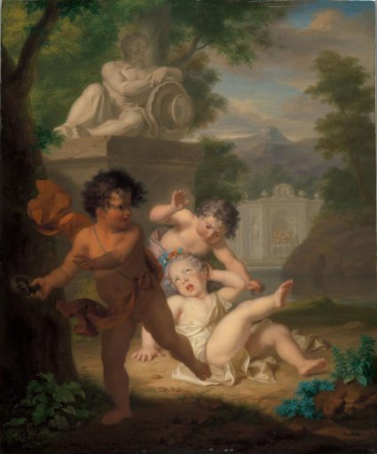 Three children quarrelling over a bird's nest
