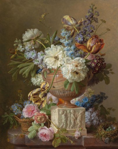 Still life with flowers and an alabaster vase