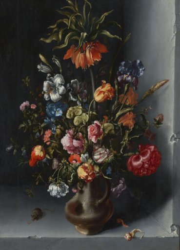 Flower still life with an imperial crown in a stone niche