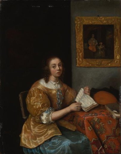 Seated Woman in Yellow with Sheet Music in Her Hand, with a Lute on the Table Beside Her
