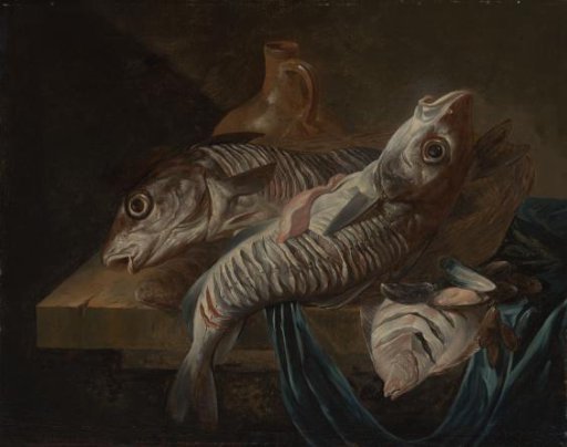 Still life with two plaice, sole and mussels