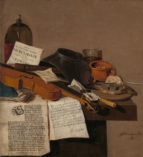 Still Life with a Copy of De Waere Mercurius, a Broadsheet with the News of Tromp's Victory over three English Ships on 28 June 1639, and a Poem telling the story of Apelles and the Cobbler