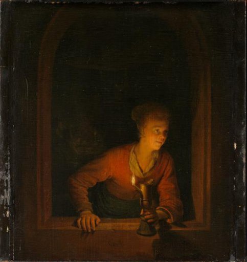 Girl with an Oil Lamp at a Window