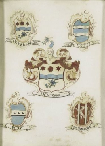 The coat of arms of a female member of the Ockersse family, married to van Gelre and mother of Anna Digna van Gelre, with the coats of arms of her four grandparents