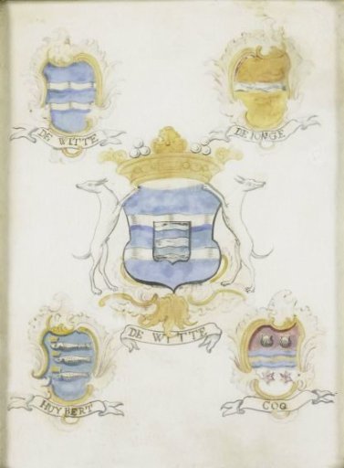 The coat of arms of Jacob de Witte, father of Laurens Jacobsz de Witte, with the coats of arms of his four grandparents