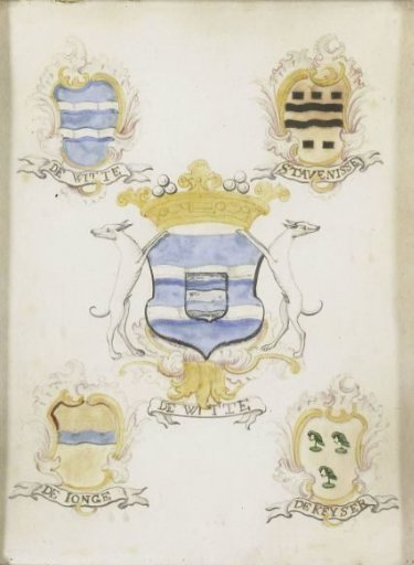 The coat of arms of Laurens Jacobsz de Witte, father of Anna Jacoba de Witte, with the coats of arms of his four grandparents