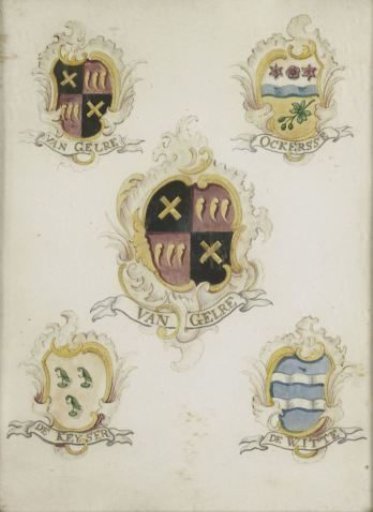 The coat of arms of Anna Digna van Gelre, wife of Laurens Jacobsz de Witte, with the coats of arms of her four grandparents