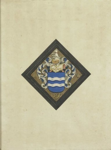 The coat of arms of the de Witte family, after a diamond-shaped mourning board with the initials I W on either side of the shield and the date 1590