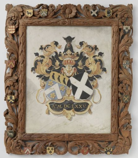 The arms of alliance of Jan Boudaen Courten and Anna Maria Hoeufft, great-grandparents of Jacob Verheye van Citters, in a carved wooden frame with the arms of the sixteen quarters of the couple