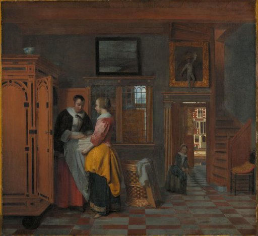 Interior with women at a linen cupboard