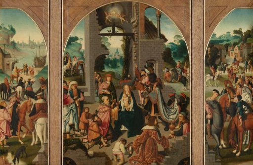 Triptych with Adoration of the Magi (center and inner wings), Saint Antony Abbot (left, outer wing) and Saint Adrian (right, outer wing)