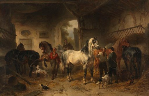 Interior of a stable with horses and figures