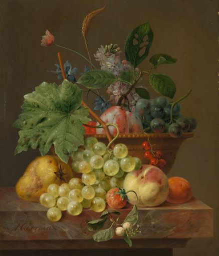 Still life with fruit in a terracotta bowl