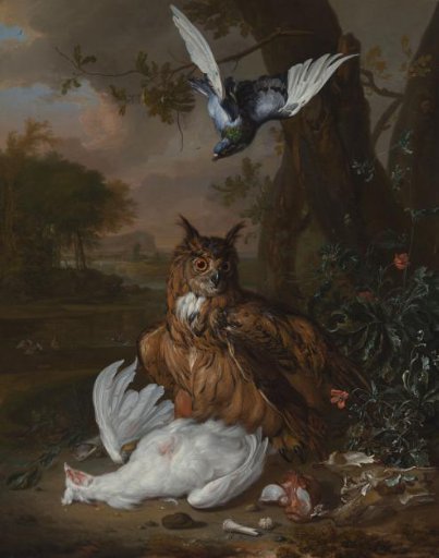 A Eurasian Eagle-Owl with Other Birds in a Landscape