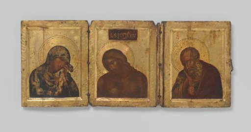 Triptych with Man of Sorrows (central panel), Virgin Mary (inner left wing), John the Evangelist (inner right wing), a Dominican kneeling before his abbot Iacopo Salomoni, and Christ in a mandorla (outer left wing)