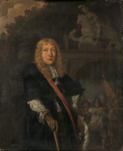 Portrait of an officer of the Leiden civic guard in front of the gate of the headquarters of the St. George guards
