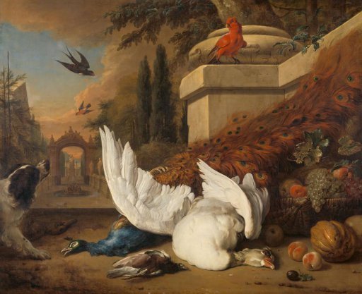 A Dog with a dead Goose and Peacock (A Study of Game and Fruit)