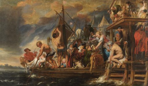 A Ferry Departs as St Peter Finds a Coin in the Mouth of a Fish