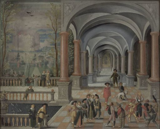 Festive Gathering and Figures from a Commedia dell'Arte in a Gallery