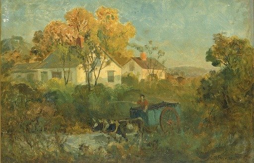 The Drinking Pool (man in cart with oxen at pool)