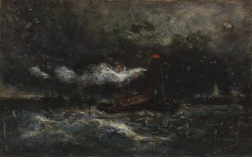 Squall, Brenton Light (boat in storm, lighthouse in background)