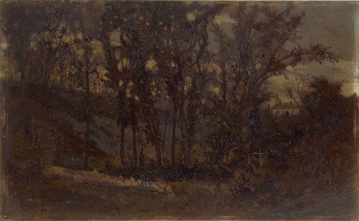 Untitled (forest scene, fallen tree in foreground and house in background)