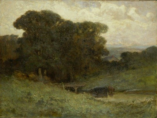 Untitled (forest scene with bridge, cows in stream in foreground)
