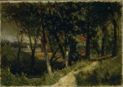 Untitled (landscape, forest scene with red fence and building)
