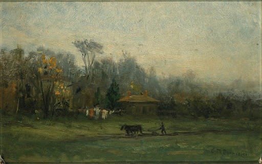 Untitled (landscape with man plowing fields)