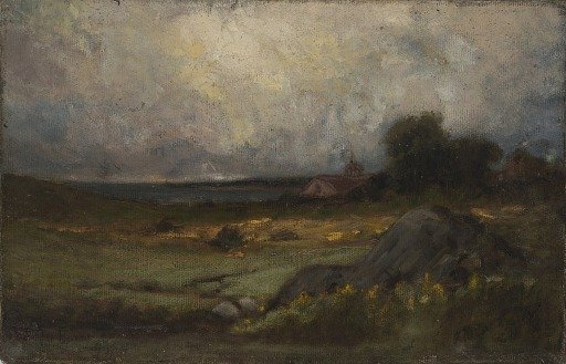 Untitled (landscape with rock in foreground and roof with steeple, lake in background)
