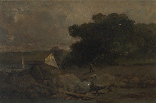 Untitled (landscape with rocks, man and sailboats)