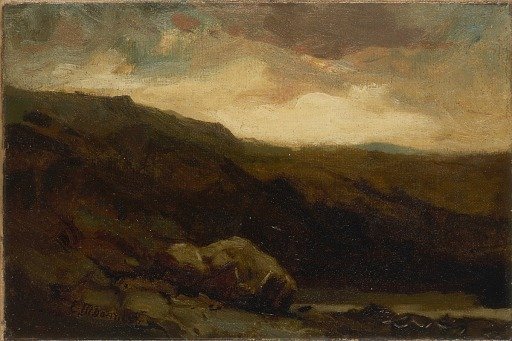 Untitled (mountainous landscape with rock and stream in foreground)