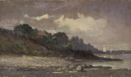 Untitled (shoreline with sailboats and roof)
