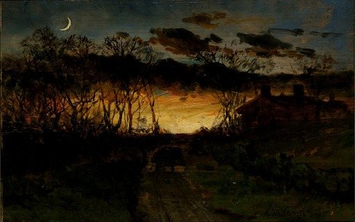 Untitled (sunset with quarter moon and farmhouse)