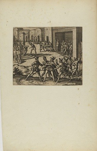 (Jacobus Almagrus a Ferdinando Pizarro Invincula Coniicitur in Carcere....) (from book, Americae, part six)