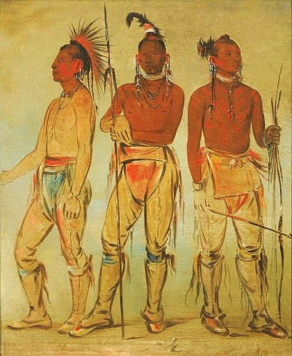 Mun-ne-pús-kee, He Who Is Not Afraid; Ko-ha-túnk-a, Big Crow; and Nah-cóm-ee-shee, Man of the Bed, Three Young Warriors