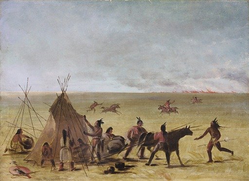 Indian Family Alarmed at the Approach of a Prairie Fire