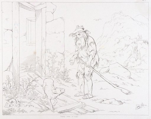 (Rip Van Winkle, illustration) Rip Returns to His House in Ruins