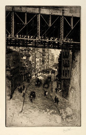 Street Scene under Steel Bridge