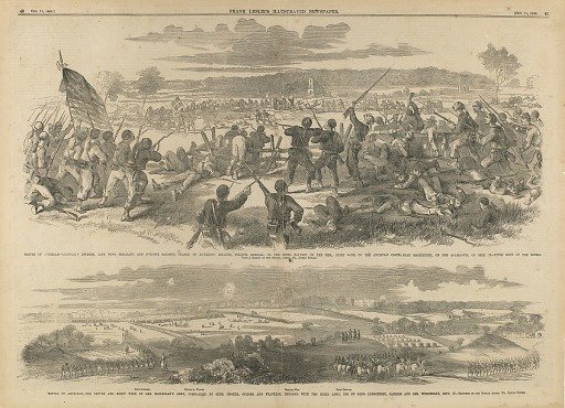 Battle of Antietam--Burnside's Division, Left Wing--Brilliant and Decisive Bayonet Charge of Hawkins's Zouaves, Colonel Kimball on the Rebel Battery on the Hill, Right Bank of the Antietam Creek near Sharpsburg, on the Afternoon of September 17--Utter Rout of the Rebels. From a Sketch by Our Special