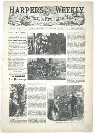 Untitled (A Woman Posting a Notice on a Tree) and "Allow Me to Examine the Young Lady -", from Harper's Weekly, February 18, 1860