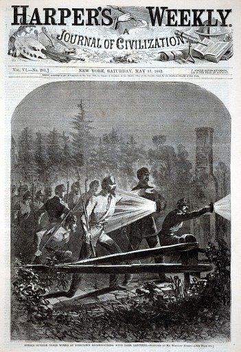 Rebels Outside Their Works at Yorktown Reconnoitring (sic) with Dark Lanterns, from Harper's Weekly, May 17, 1862