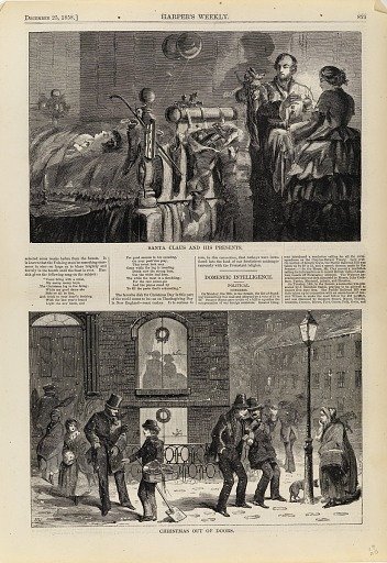 Santa Claus and His presents/Christmas Out of Doors, from Harper's Weekly, December 25, 1858, p. 821