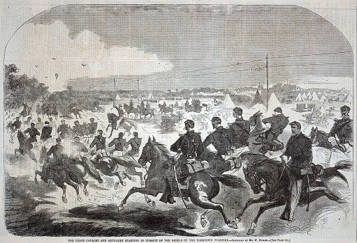 The Union Cavalry and Artillery Starting in Pursuit of the Rebels up the Yorktown Turnpike, from Harper's Weekly, May 17, 1862