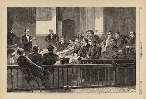 Jurors Listening to Counsel, Supreme Court, New City Hall, New York, from Harper's Weekly, February 20, 1869