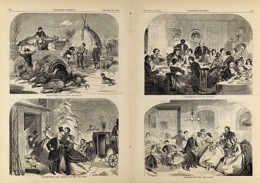 Thanksgiving Day--Ways and Means/Arrival at the Old Home/The Dinner/The Dance, from Harper's Weekly, November 27, 1858