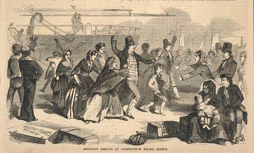 Emigrant Arrival at Constitution Wharf, Boston, from Ballou's Pictorial Drawing-Room Companion, October 31, 1857