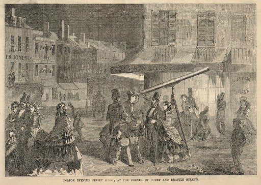 Boston Evening Street Scene, at the Corner of Court and Brattle Streets, from Ballou's Pictorial Drawing-Room Companion, November 7, 1857